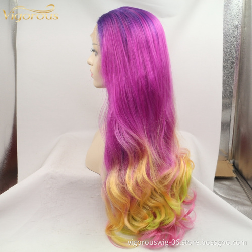 Long straight curl ombre purple blonde cheap wholesale high quality heat resistant synthetic wig with lace front